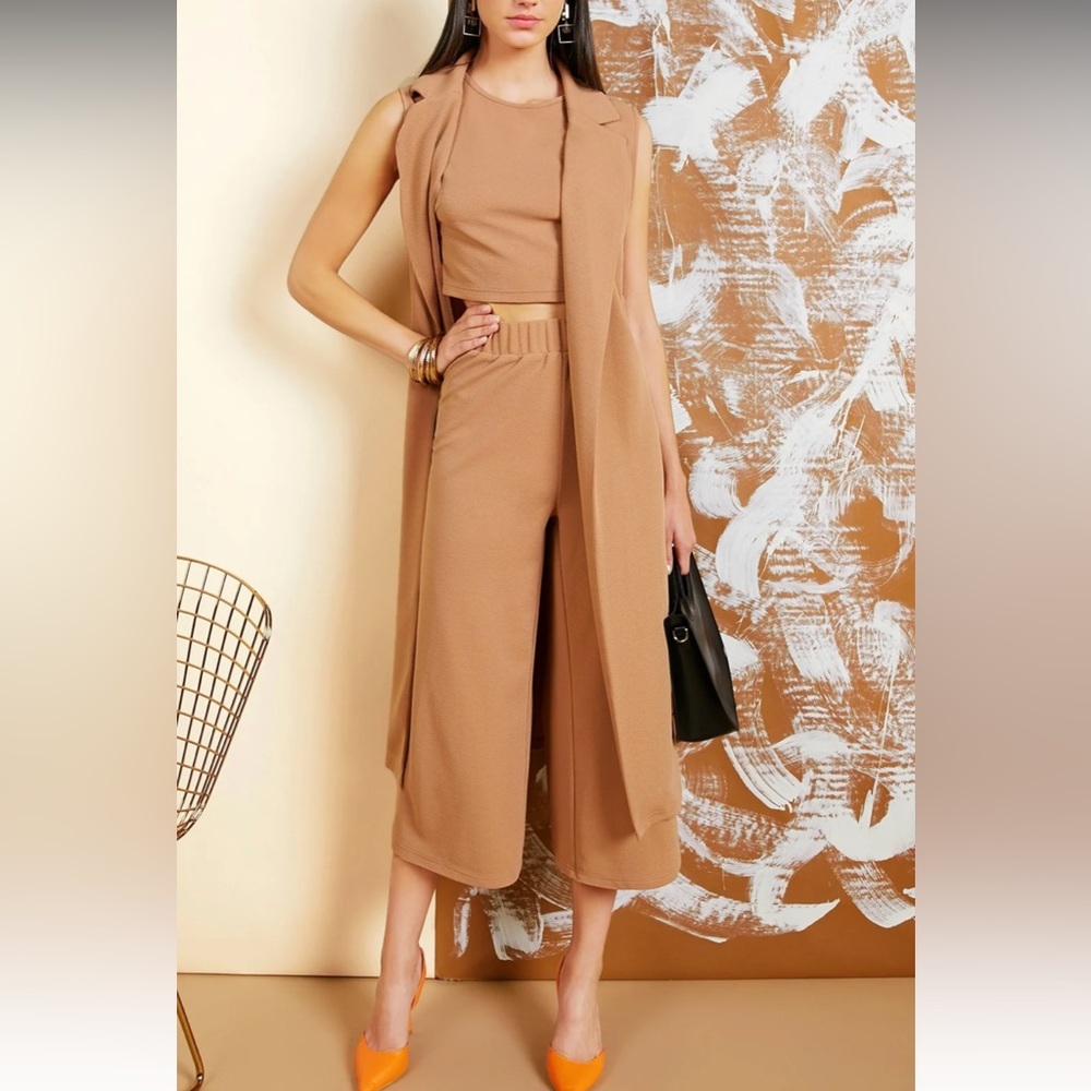 NOTCH COLLAR VEST COAT & SOLID TANK TOP & PALAZZO PANTS SET